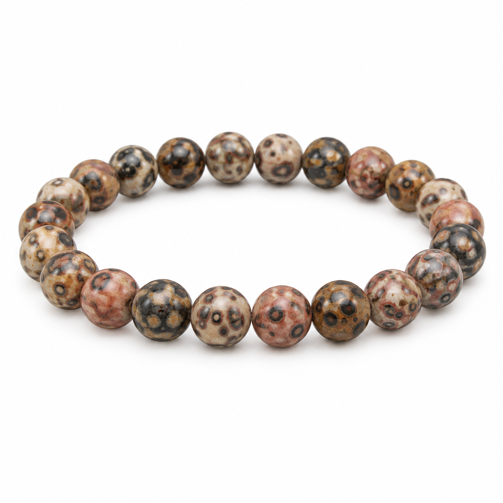 Bransoletka Leopard Skin Stone w ziemistych odcieniach z cetkami, produkt na bialym tle