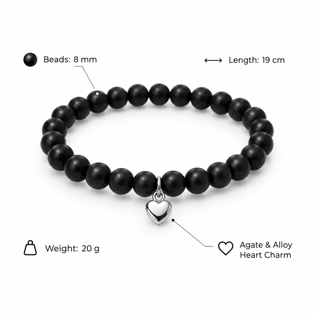 Czarna bransoletka z agatu i serduszkiem, specyfikacja po angielsku, 8 mm, 19 cm, 20 g