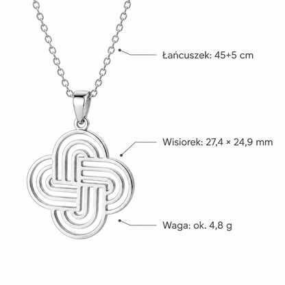 Srebrny naszyjnik z węzłem celtyckim – specyfikacja: łańcuszek 45+5 cm, wisiorek 27,4×24,9 mm, waga ok. 4,8 g