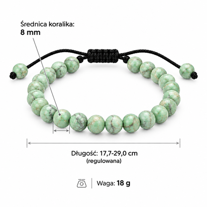 Specyfikacja bransoletki z miętowego kamienia naturalnego: średnica koralika 8 mm, długość regulowana 17,7–29,0 cm, waga 18 g
