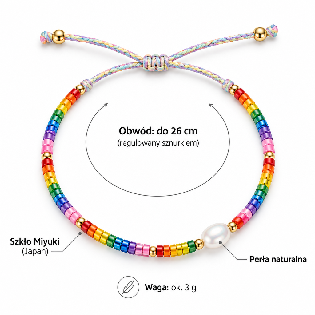 Specyfikacja bransoletki Miyuki: obwód do 26 cm regulowany sznurkiem, waga ok. 3 g, perła naturalna, szkło Miyuki