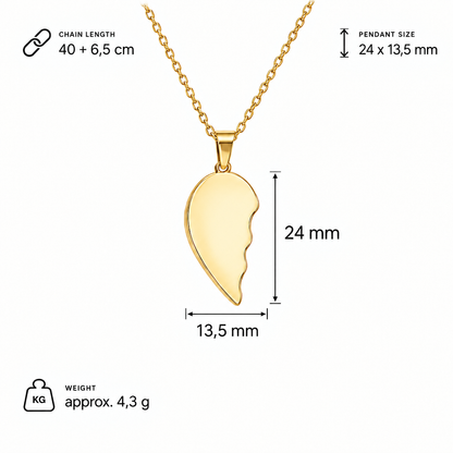 Specyfikacja złotego naszyjnika z połówką serca – wisiorek 24 × 13,5 mm, łańcuszek 40 + 6,5 cm, waga ok. 4,3 g