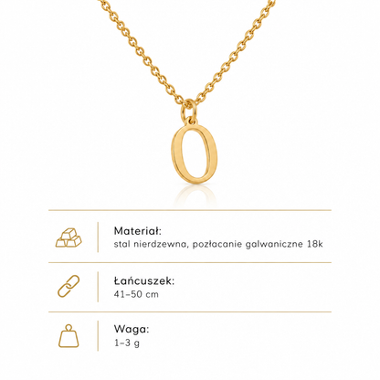 Specyfikacja złotego naszyjnika z literą O: łańcuszek 41–50 cm, waga 1–3 g