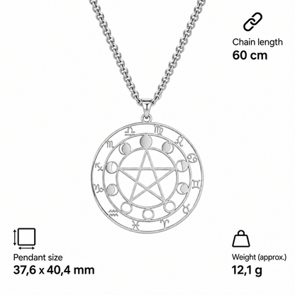 Specyfikacja srebrnego naszyjnika z pentagramem i zodiakiem – wisiorek 37,6 × 40,4 mm, łańcuszek 60 cm, waga ok. 12,1 g