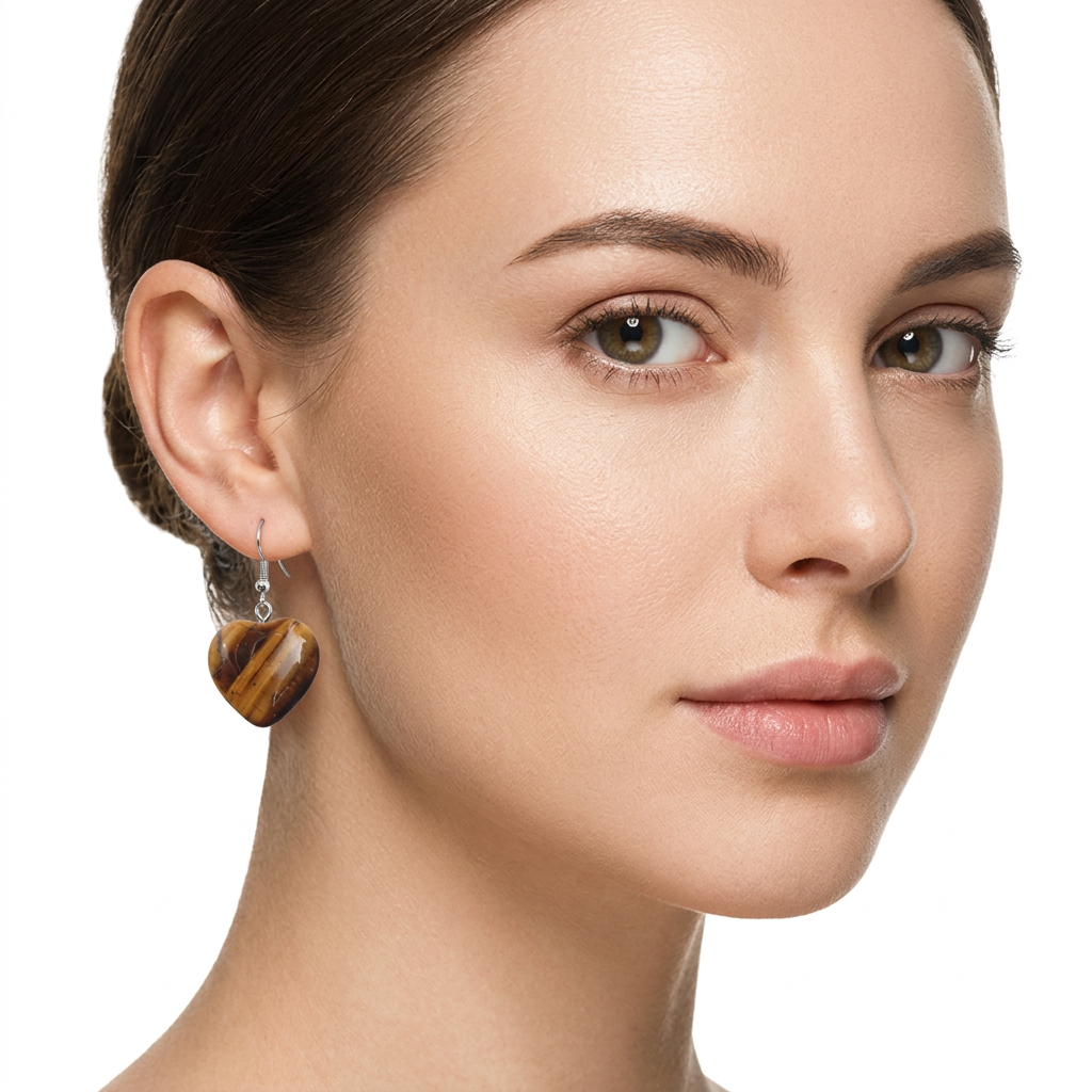 Modelka z kolczykiem w kształcie serca z tygrysiego oka na białym tle